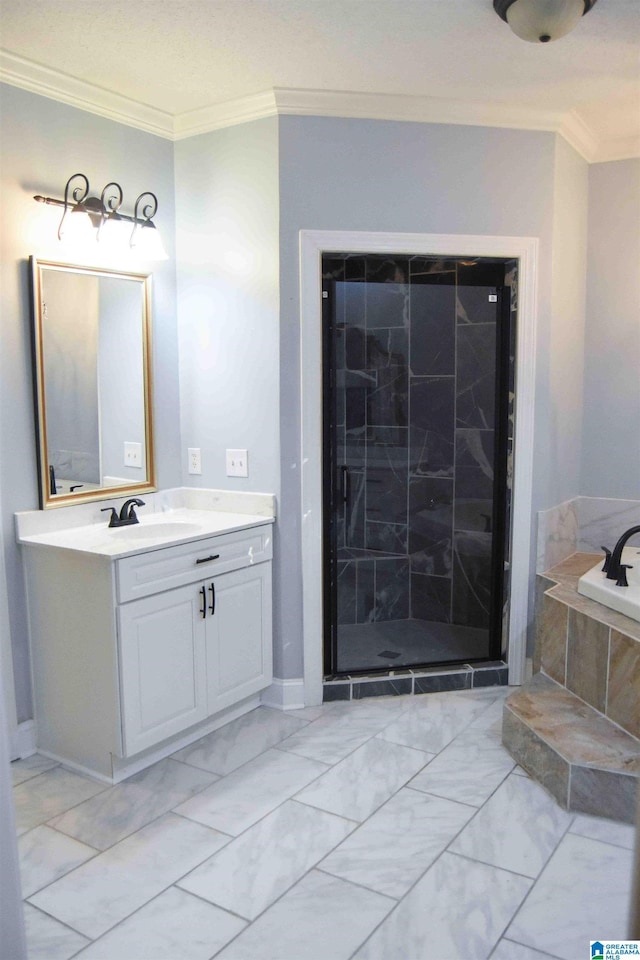 bathroom featuring vanity, shower with separate bathtub, and crown molding