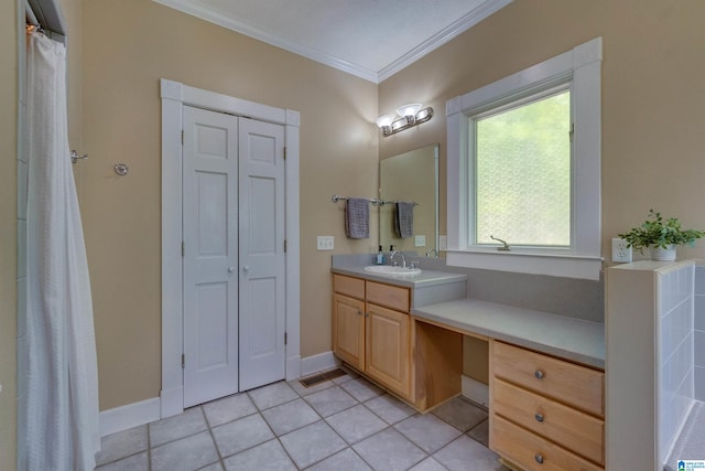 bathroom with vanity, tile floors, and crown molding