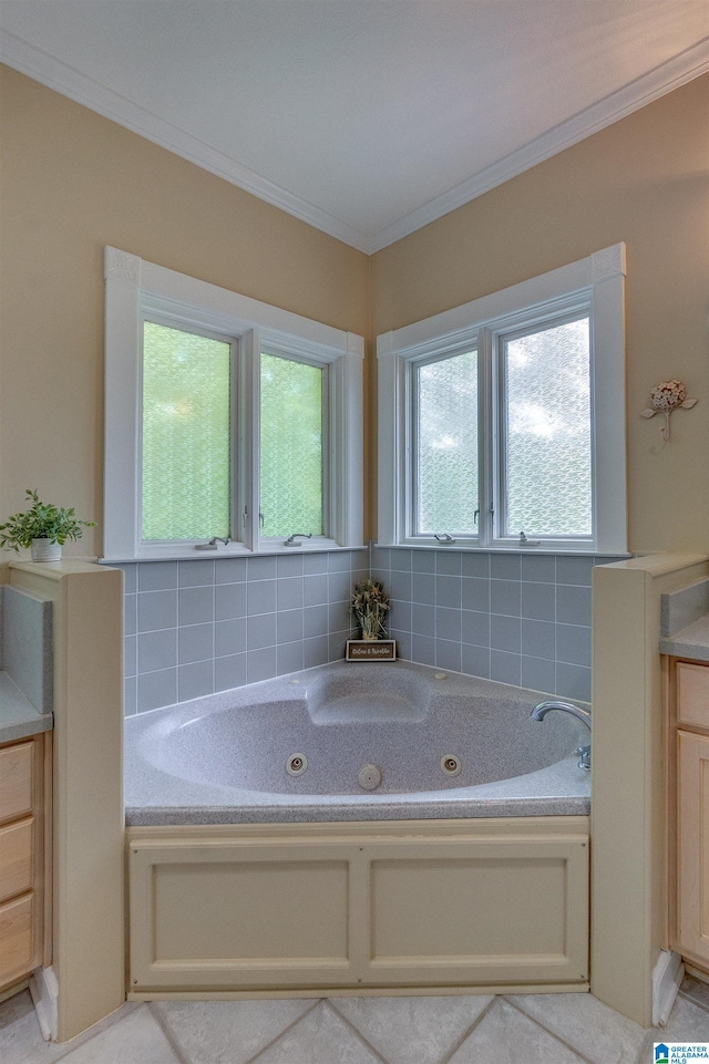 bathroom featuring a bath, ornamental molding, and vanity