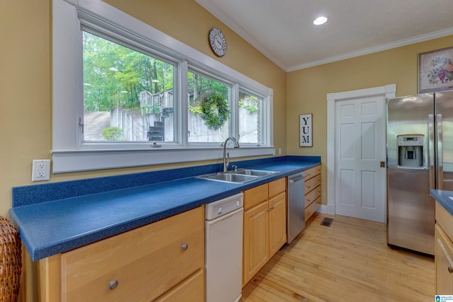 kitchen featuring appliances with stainless steel finishes, plenty of natural light, sink, and light hardwood / wood-style floors