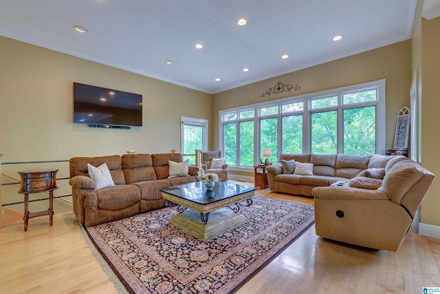 living room with ornamental molding and light hardwood / wood-style floors