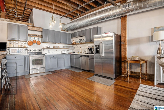 kitchen with dark hardwood / wood-style flooring, backsplash, hanging light fixtures, gray cabinetry, and appliances with stainless steel finishes