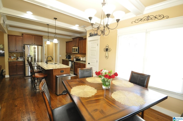 dining area featuring beamed ceiling, dark hardwood / wood-style floors, a notable chandelier, and crown molding