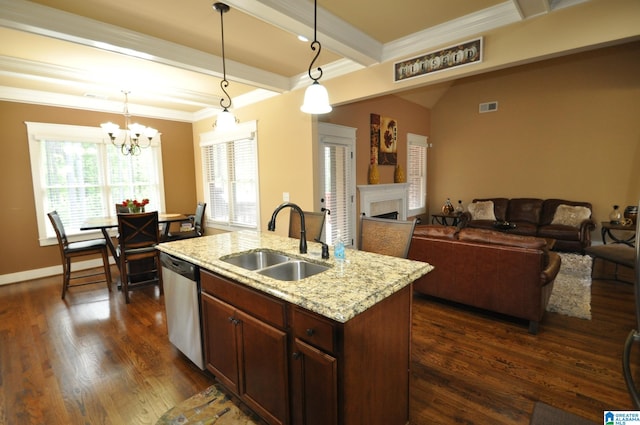 kitchen featuring beamed ceiling, sink, dishwasher, dark hardwood / wood-style floors, and pendant lighting