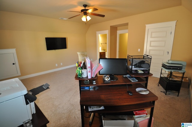 home office with ceiling fan and carpet floors