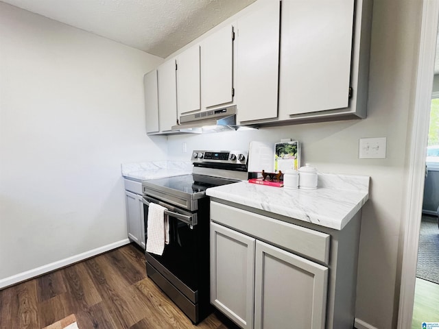 kitchen with dark wood-style floors, under cabinet range hood, baseboards, stainless steel electric stove, and a textured ceiling