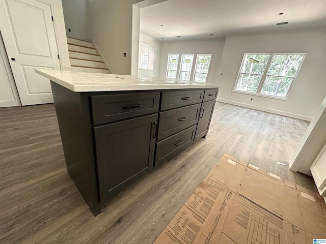 kitchen with hardwood / wood-style flooring and a kitchen island