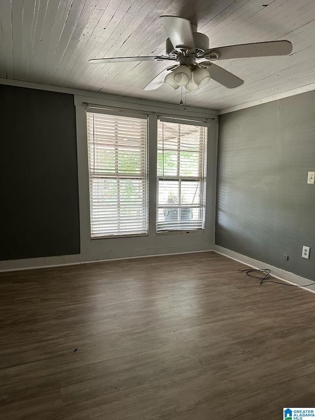 spare room with dark hardwood / wood-style flooring, ceiling fan, and wood ceiling