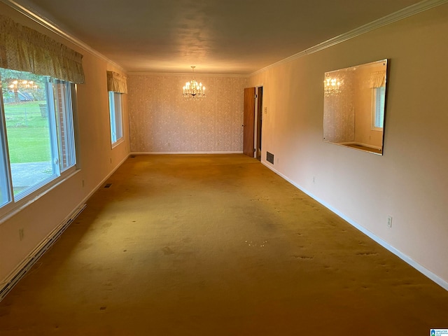 empty room featuring crown molding and a chandelier