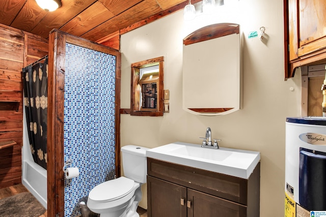 full bathroom featuring water heater, shower / bath combination with curtain, toilet, wood-type flooring, and vanity