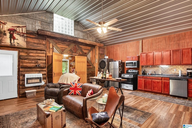 living room featuring high vaulted ceiling, wood-type flooring, ceiling fan, and sink