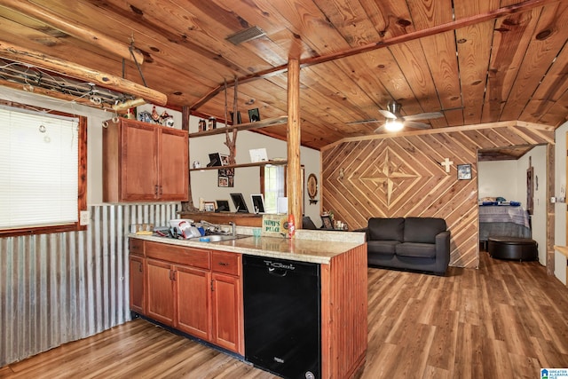 kitchen with sink, black dishwasher, light wood-type flooring, and wood ceiling