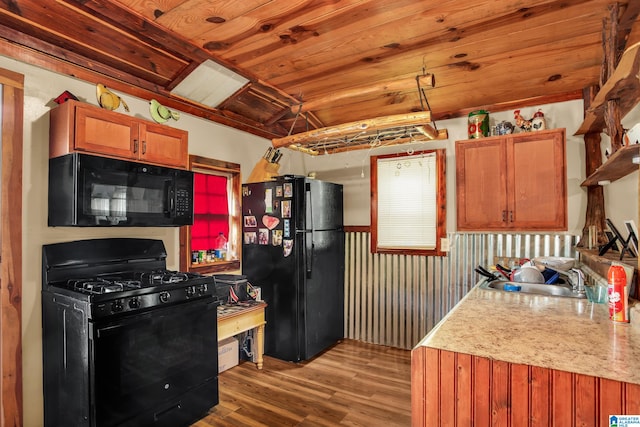 kitchen with wood-type flooring, wooden ceiling, sink, and black appliances