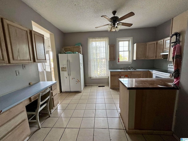 kitchen featuring ceiling fan, sink, white appliances, light tile flooring, and kitchen peninsula