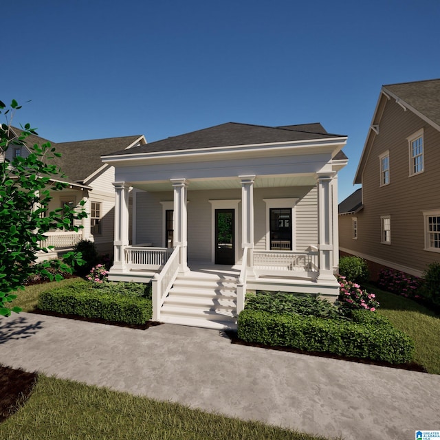 bungalow-style house featuring roof with shingles and a porch