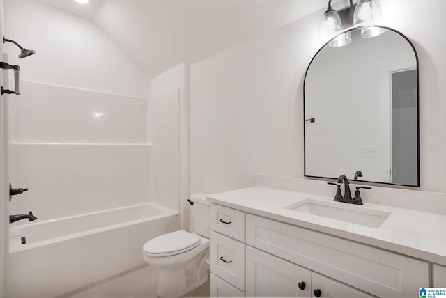 full bathroom with toilet, lofted ceiling, bathtub / shower combination, and vanity