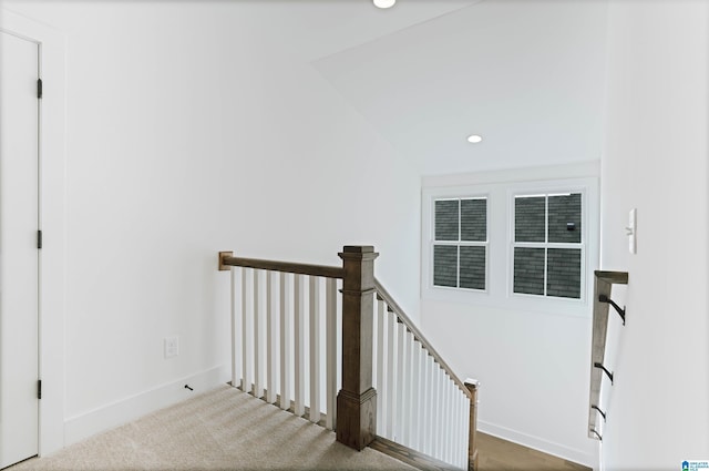 staircase featuring recessed lighting and carpet floors