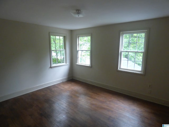spare room featuring a wealth of natural light and dark hardwood / wood-style floors