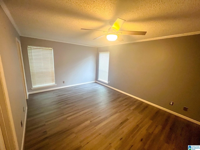 unfurnished room featuring a textured ceiling, crown molding, hardwood / wood-style floors, and ceiling fan