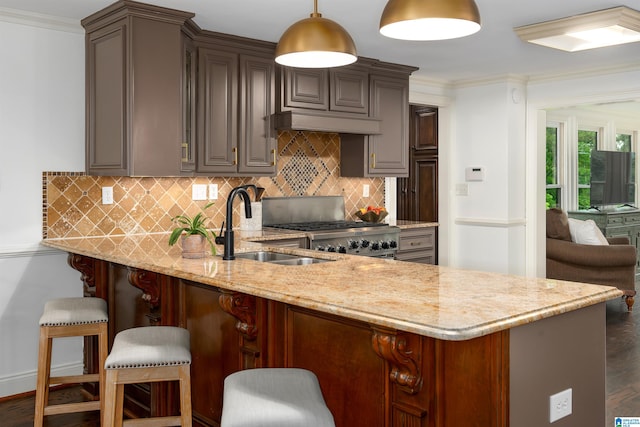 kitchen featuring light stone countertops, decorative light fixtures, stove, dark hardwood / wood-style flooring, and backsplash