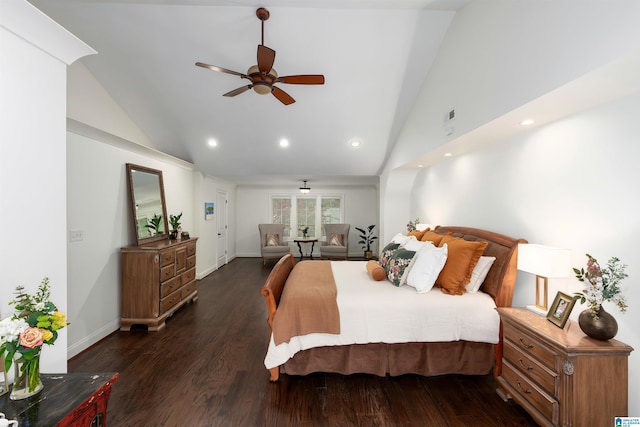 bedroom featuring high vaulted ceiling, dark wood-type flooring, and ceiling fan