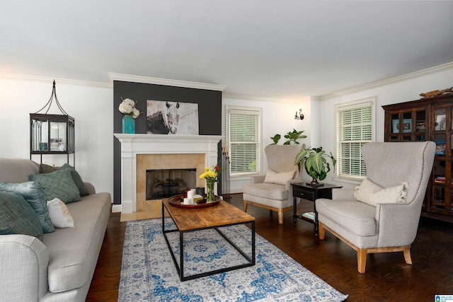 living room featuring ornamental molding, dark hardwood / wood-style floors, and a fireplace