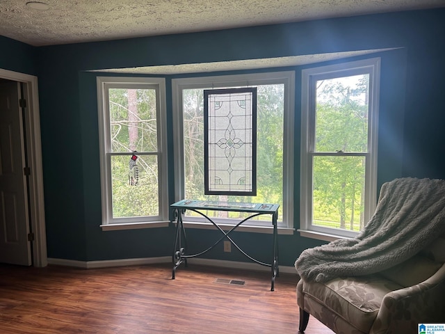 sitting room featuring a healthy amount of sunlight, a textured ceiling, and dark hardwood / wood-style floors