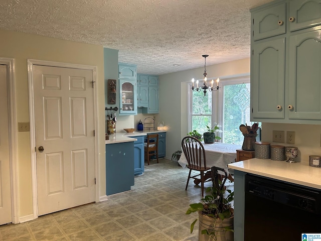 kitchen featuring decorative light fixtures, an inviting chandelier, dishwasher, a textured ceiling, and light tile floors