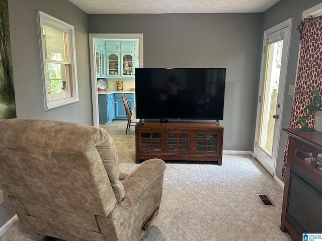 living room with a wealth of natural light, a textured ceiling, and light colored carpet