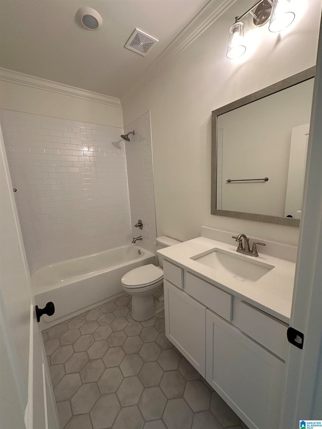 full bathroom with toilet, tiled shower / bath combo, vanity, and ornamental molding