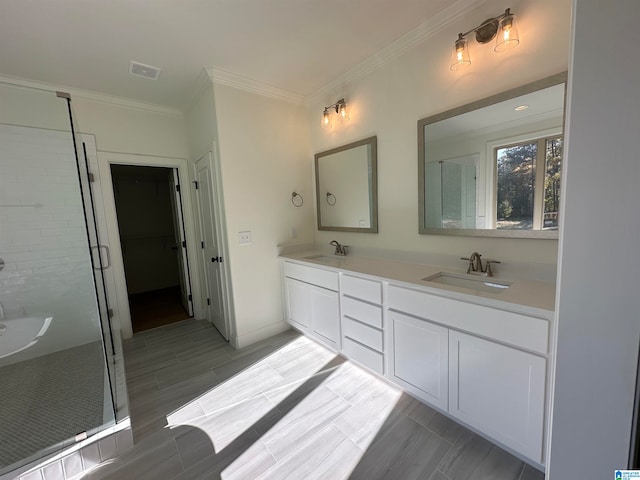 bathroom featuring vanity, crown molding, and walk in shower