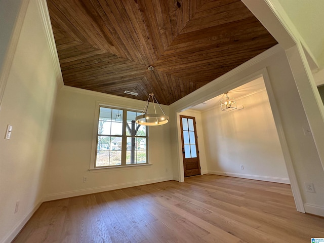 empty room with ornamental molding, a notable chandelier, light hardwood / wood-style floors, and wood ceiling