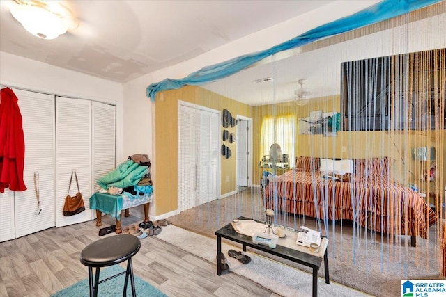 living room with hardwood / wood-style flooring and ceiling fan