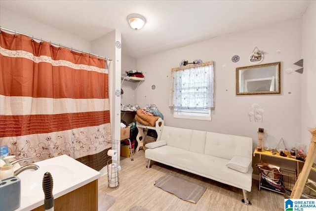 bathroom featuring vanity and hardwood / wood-style floors