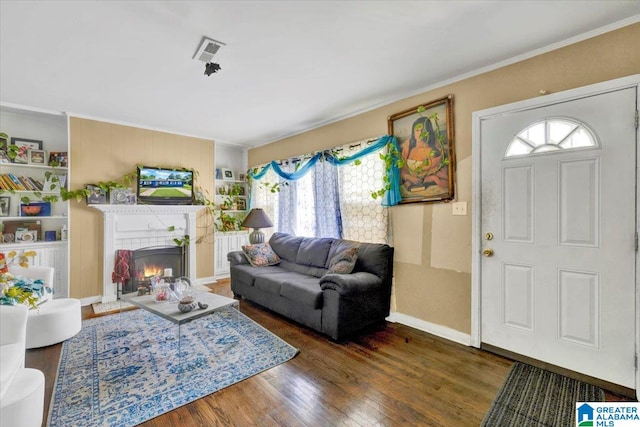 living room featuring dark wood-type flooring