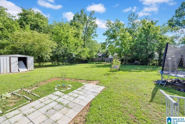 view of yard featuring a shed and a trampoline