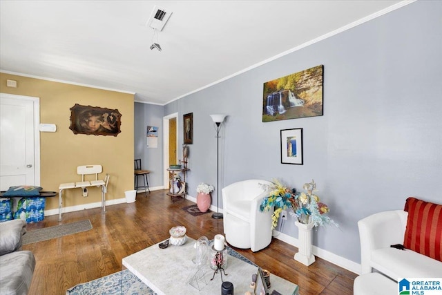 living room featuring crown molding and dark wood-type flooring