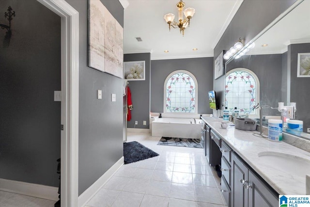 bathroom with dual vanity, an inviting chandelier, crown molding, tile patterned floors, and a bath