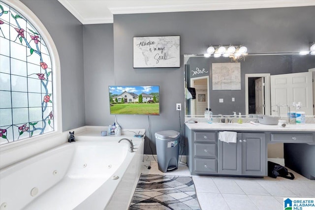 bathroom with tile patterned flooring, crown molding, and vanity