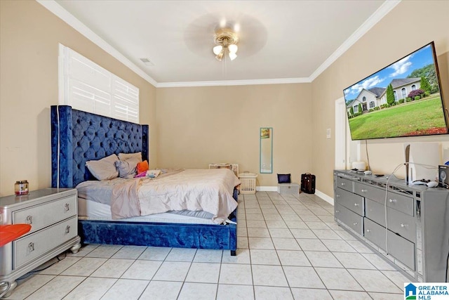 bedroom featuring ceiling fan, light tile patterned floors, and crown molding