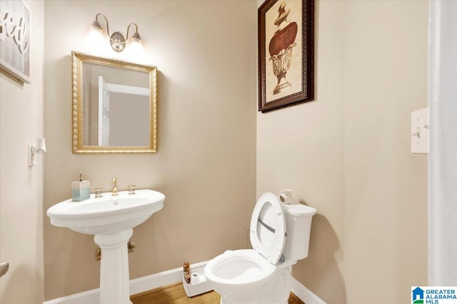 bathroom featuring toilet and wood-type flooring