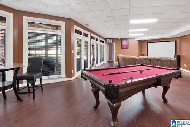 playroom featuring a paneled ceiling, hardwood / wood-style floors, and pool table