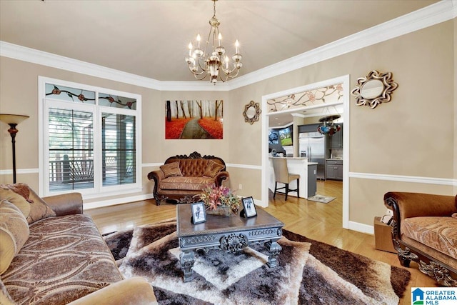 living room featuring a notable chandelier and crown molding