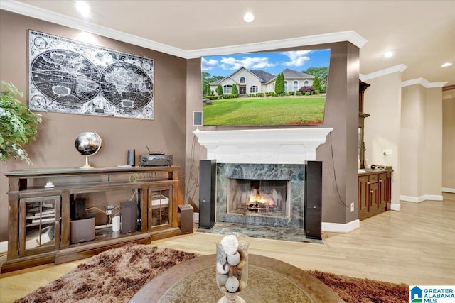 interior space with a fireplace, wood-type flooring, and ornamental molding