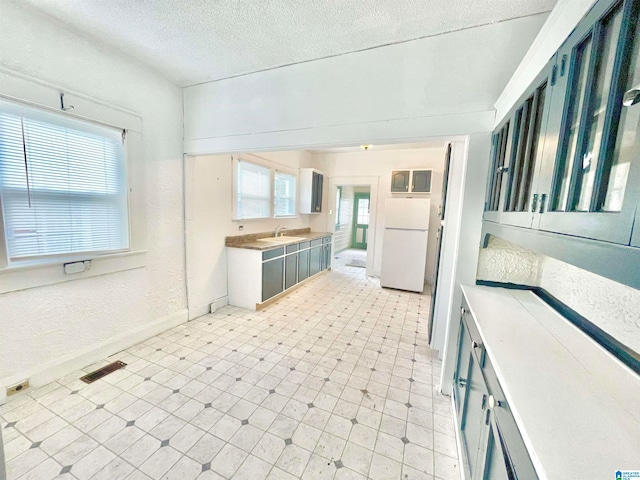 kitchen featuring sink, white refrigerator, a healthy amount of sunlight, and a textured ceiling