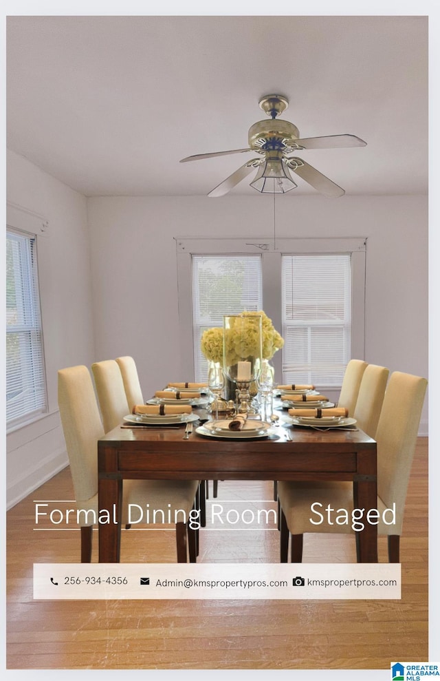 unfurnished dining area with hardwood / wood-style flooring and ceiling fan