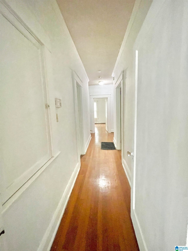 corridor with crown molding and wood-type flooring