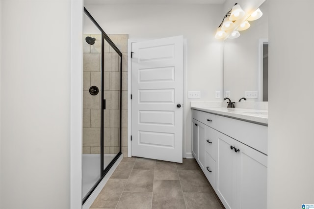 bathroom with walk in shower, vanity, and tile patterned floors