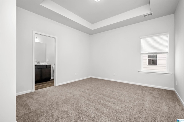 carpeted empty room featuring a tray ceiling and sink