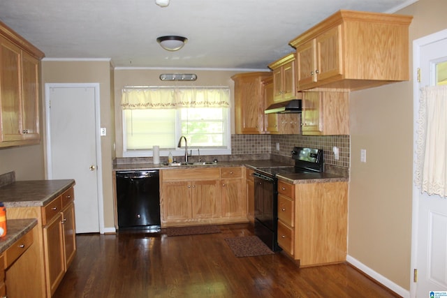 kitchen with dark hardwood / wood-style floors, tasteful backsplash, black appliances, sink, and ornamental molding